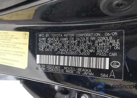 2005 Lexus Es 330 from USA, damaged, VIN JTHBA30G855134509